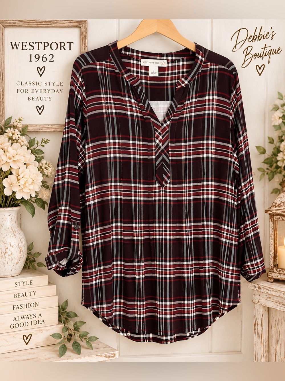 Westport 1962 Plaid Tunic Top Large Rayon Spandex Roll Tab